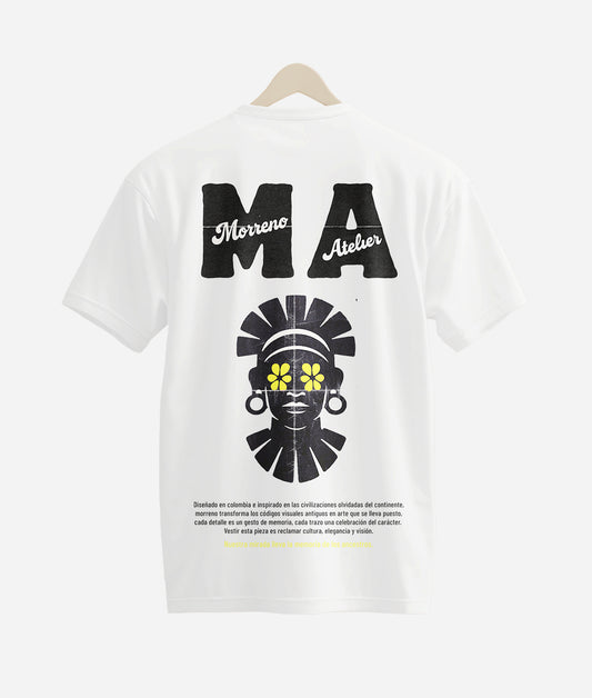 Camiseta Ancestros con diseño gráfico inspirado en culturas originarias, parte de la colección de Morreno Atelier.